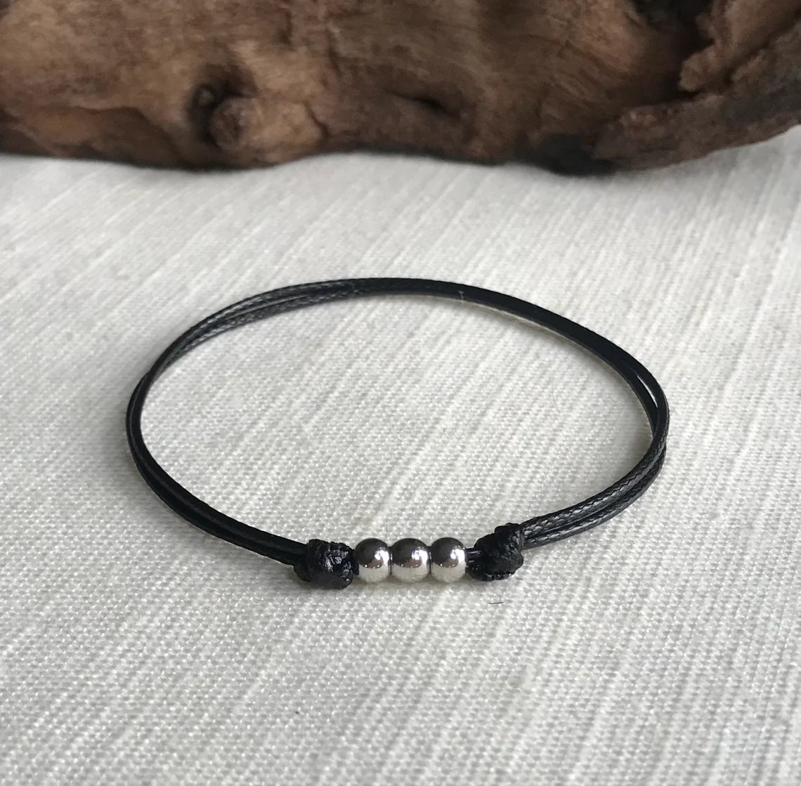 Small Stainless Steel Bead 1mm Black Waterproof Adjustable Cord Bracelet or Anklet Unisex