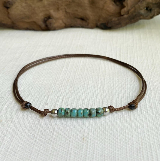 Small Blue-Green Miyuki Picasso Glass Beaded Dark Brown Waterproof Women's Adjustable Cord Anklet