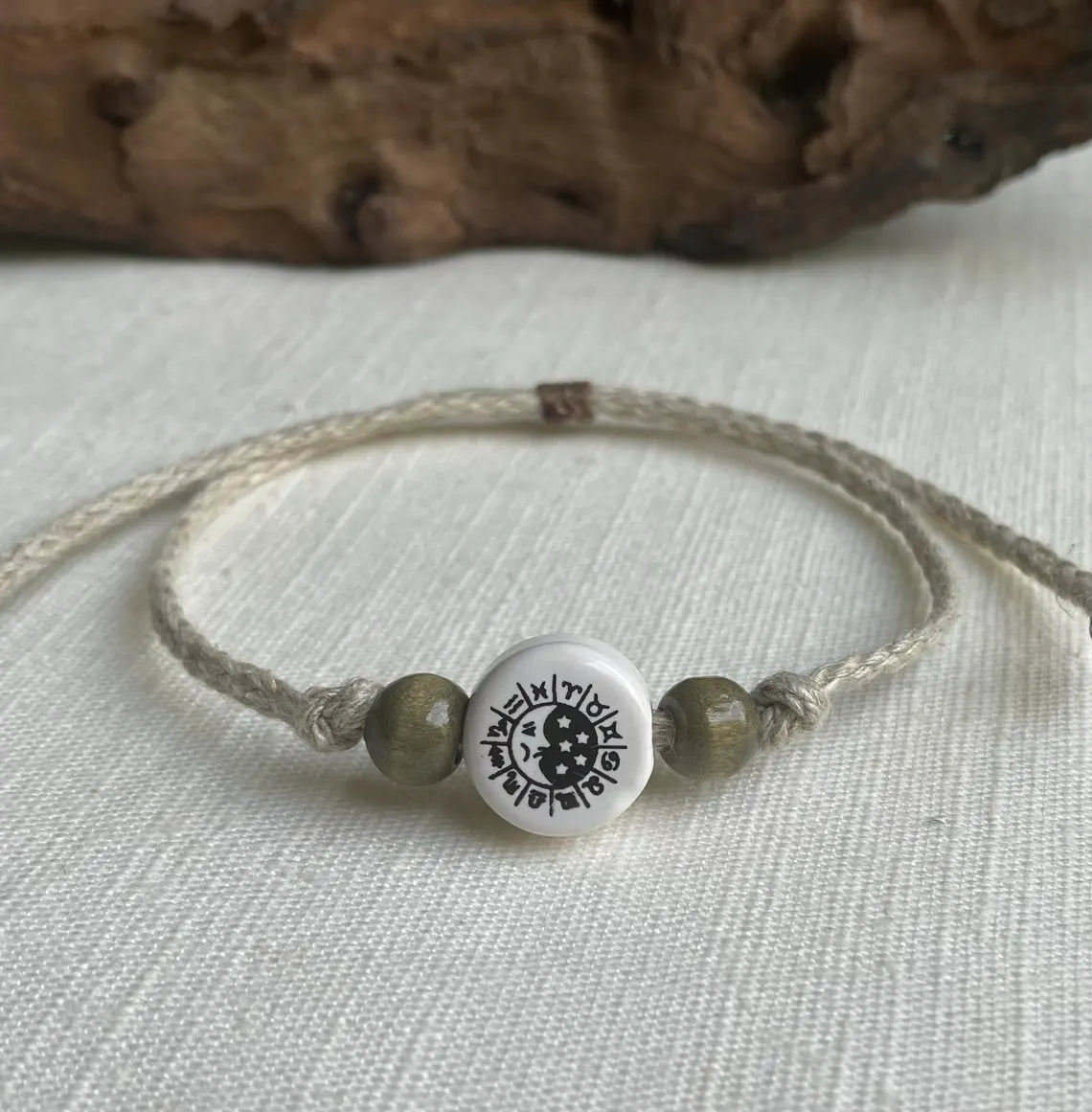 Ceramic Moon & Stars Bead Organic Natural Hemp Anklet Adjustable