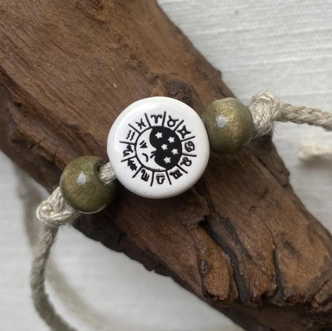 Ceramic Moon & Stars Bead Organic Natural Hemp Anklet Adjustable