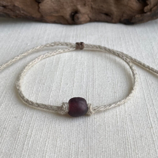 Organic Natural Hemp Anklet Dark Purple Recycled Glass Bead Adjustable