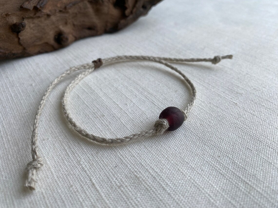 Organic Natural Hemp Anklet Dark Purple Recycled Glass Bead Adjustable