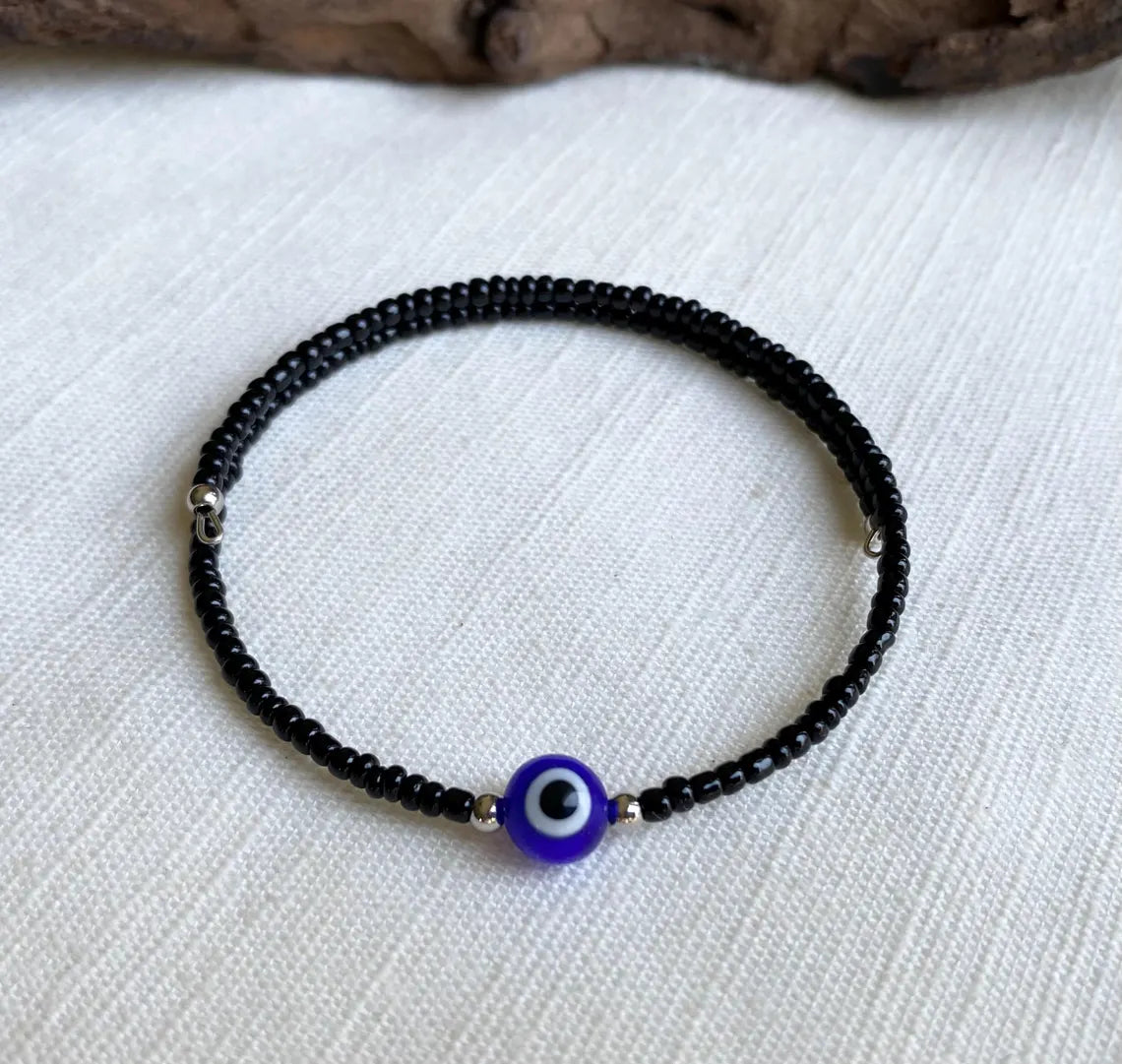 Blue Evil Eye Black Glass Beaded Memory Wire Wrap Bracelet 6.5"