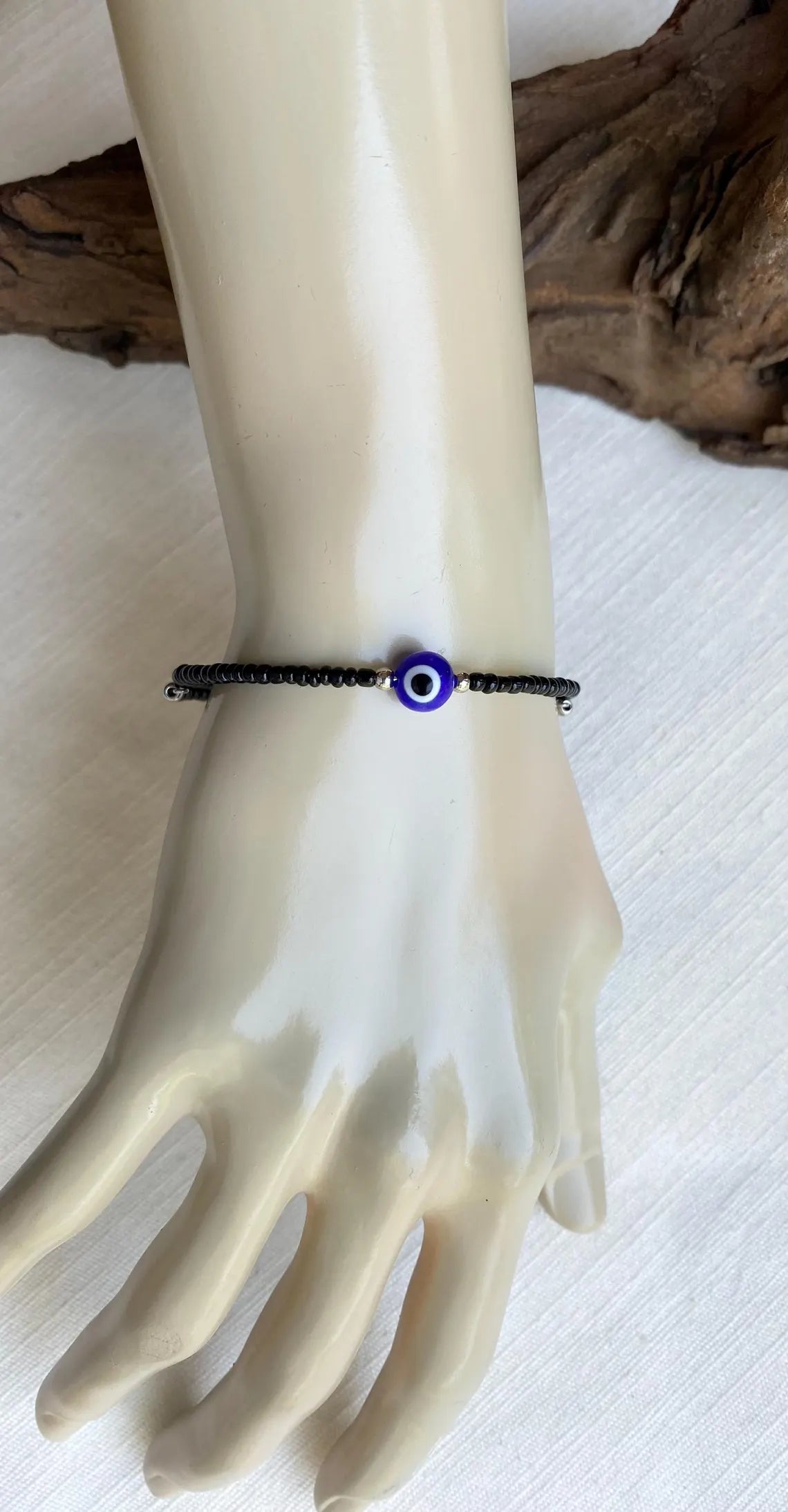 Blue Evil Eye Black Glass Beaded Memory Wire Wrap Bracelet 6.5"