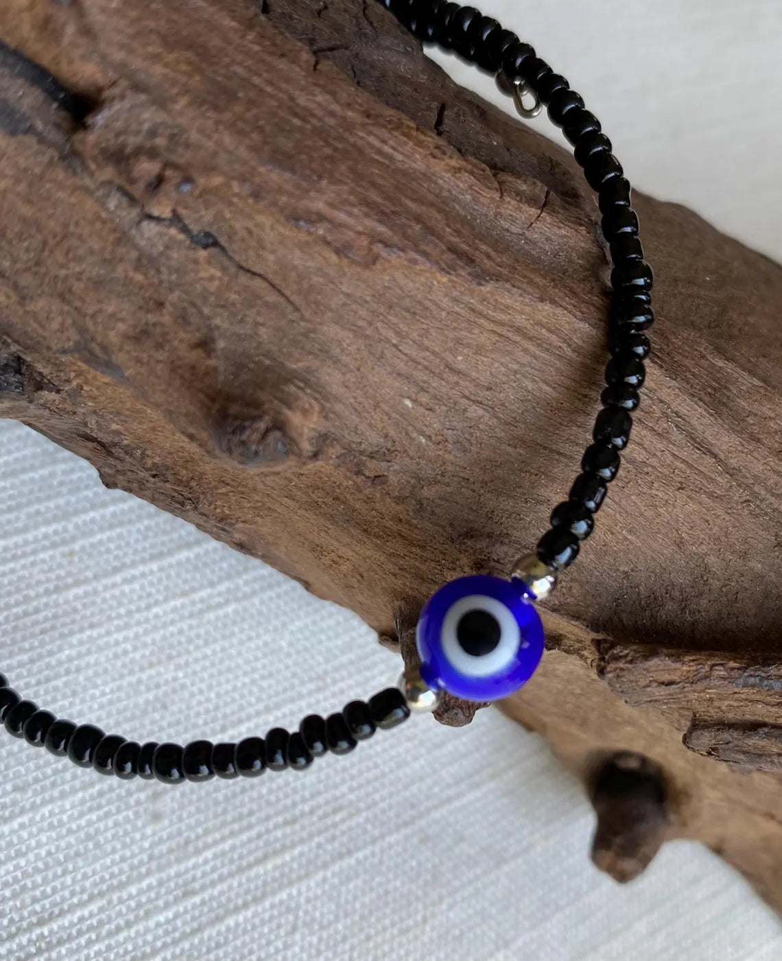 Blue Evil Eye Black Glass Beaded Memory Wire Wrap Bracelet 6.5"