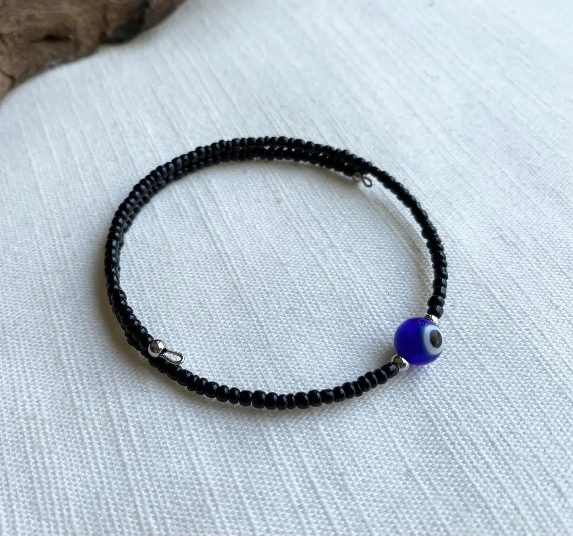 Blue Evil Eye Black Glass Beaded Memory Wire Wrap Bracelet 6.5"