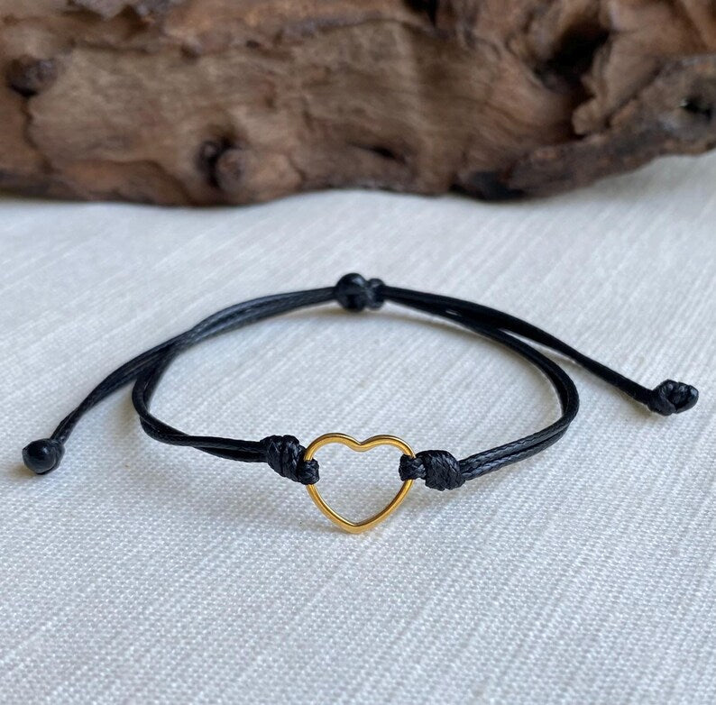 Gold Stainless Steel Heart Black 1mm Cord Bracelet or Anklet Water Resistant