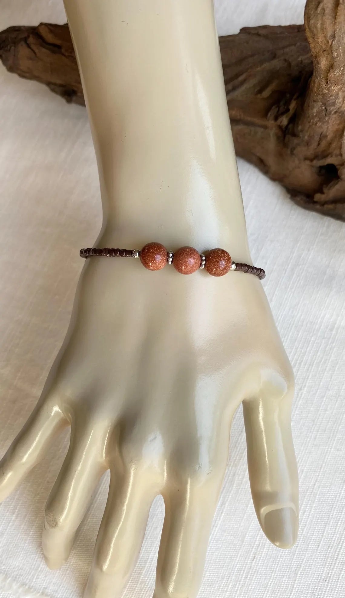 Gold Sandstone Beaded Brown Memory Wire Wrap Bracelet 7"