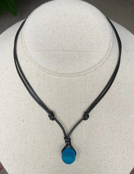 Ocean Blue Recycled Glass Black 1.5mm Water Resistant Cord Necklace Unisex Adjustable 14-28"