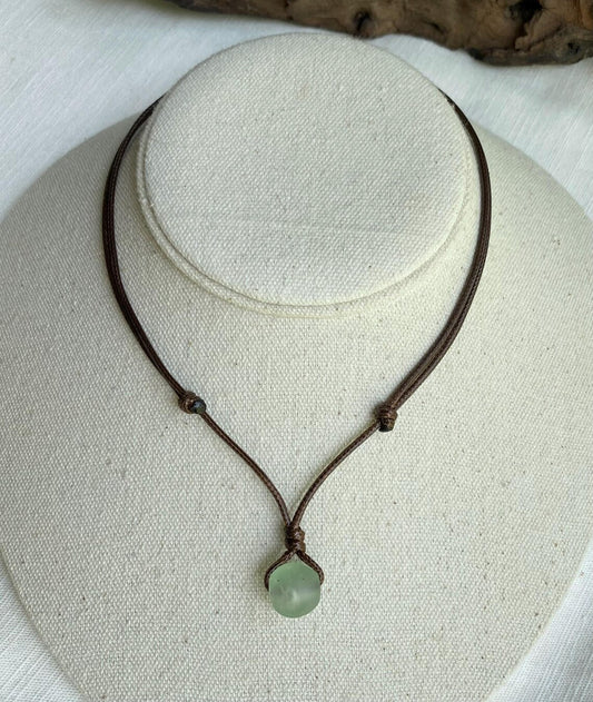 Sea Green Recycled Glass Brown 1.5mm Water Resistant Cord Necklace Unisex Adjustable 14-28"