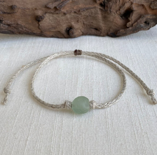 Organic Natural Hemp Anklet Sea Green Recycled Glass Bead Adjustable