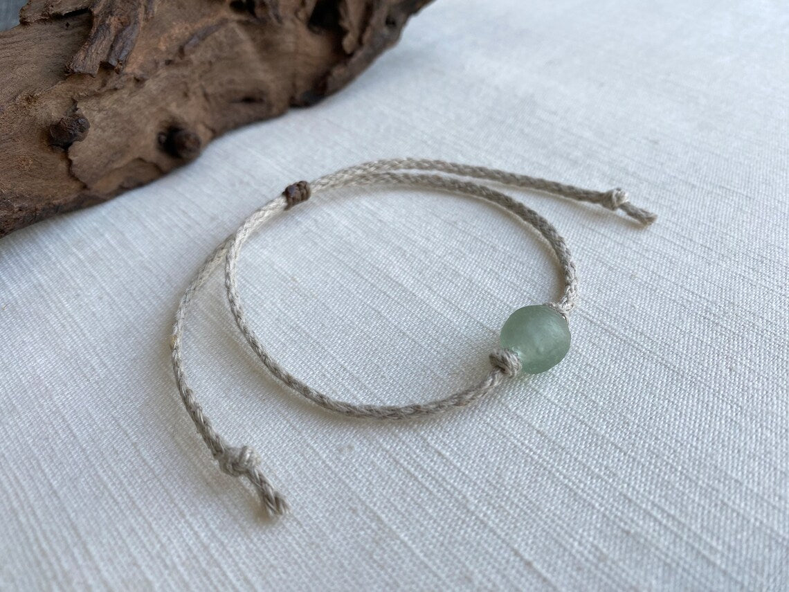 Organic Natural Hemp Anklet Sea Green Recycled Glass Bead Adjustable