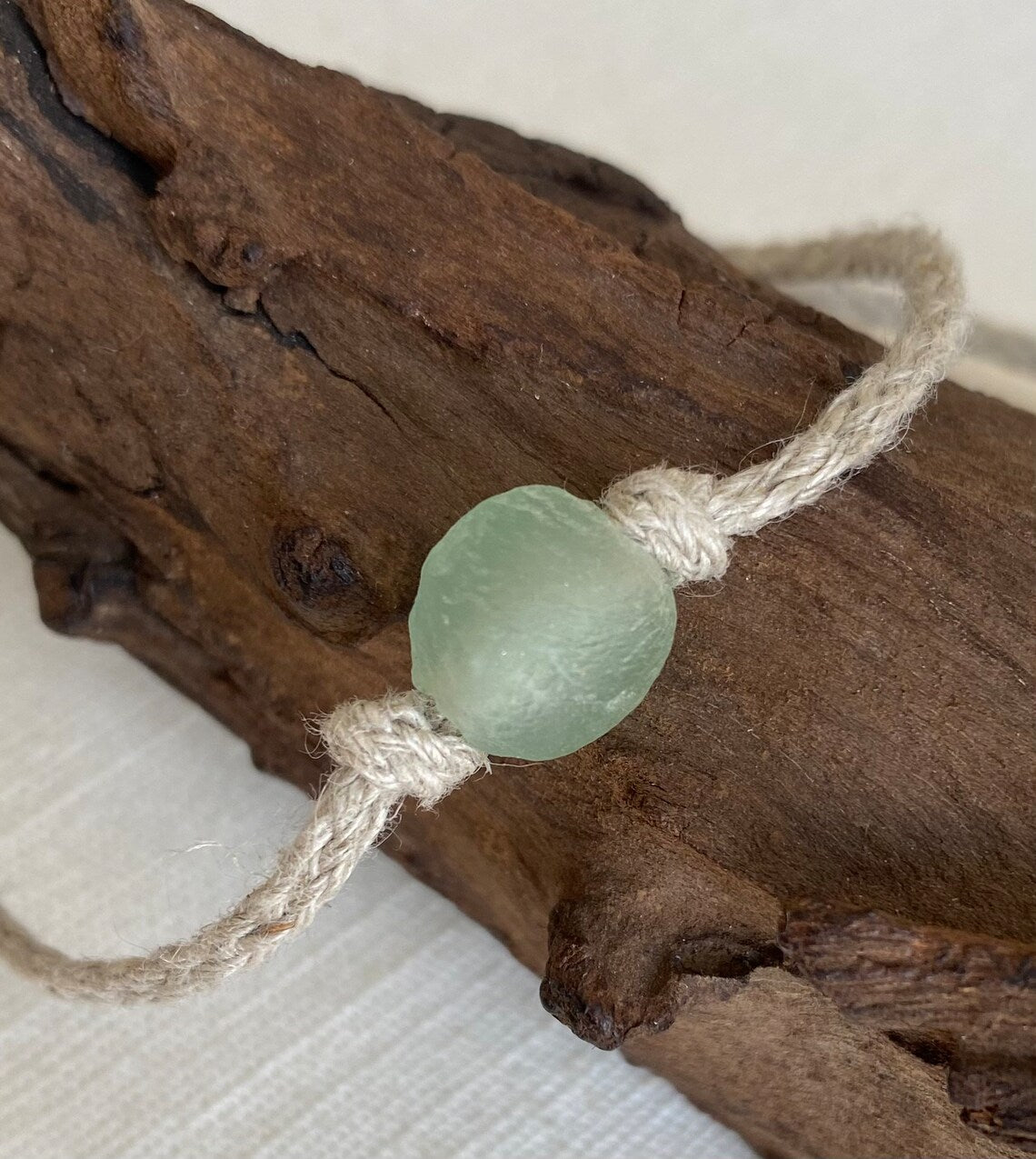 Organic Natural Hemp Anklet Sea Green Recycled Glass Bead Adjustable