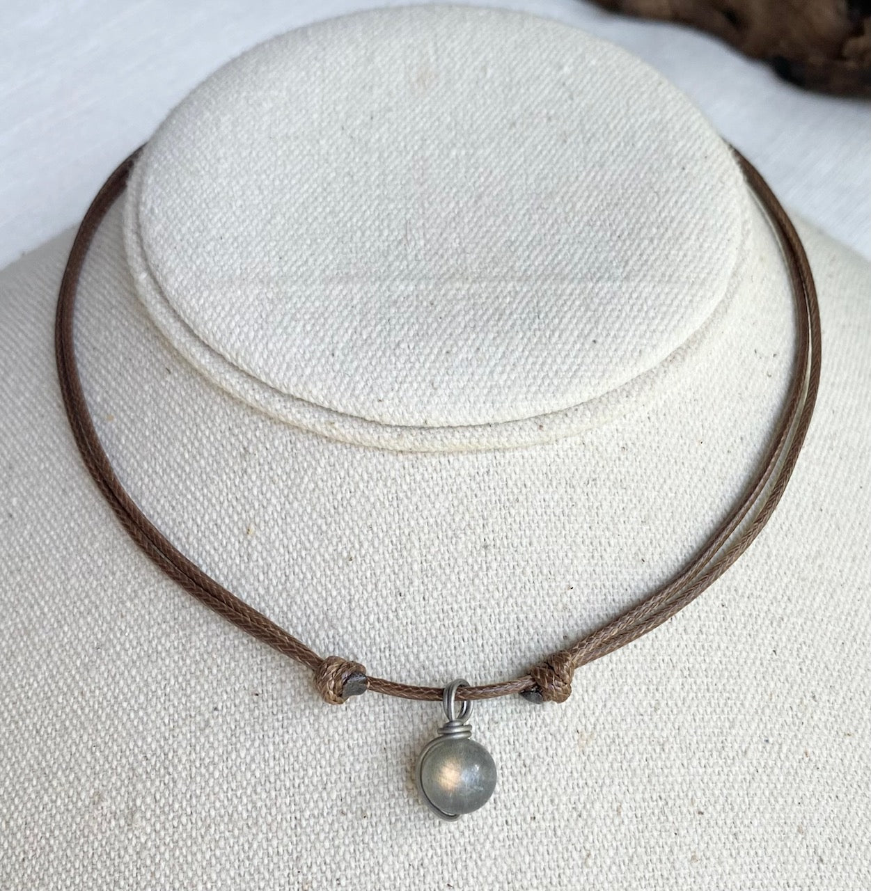 Titanium Wire Wrapped Labradorite Pendant Adjustable Brown Cord Necklace