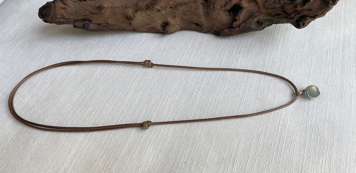 Titanium Wire Wrapped Labradorite Pendant Adjustable Brown Cord Necklace
