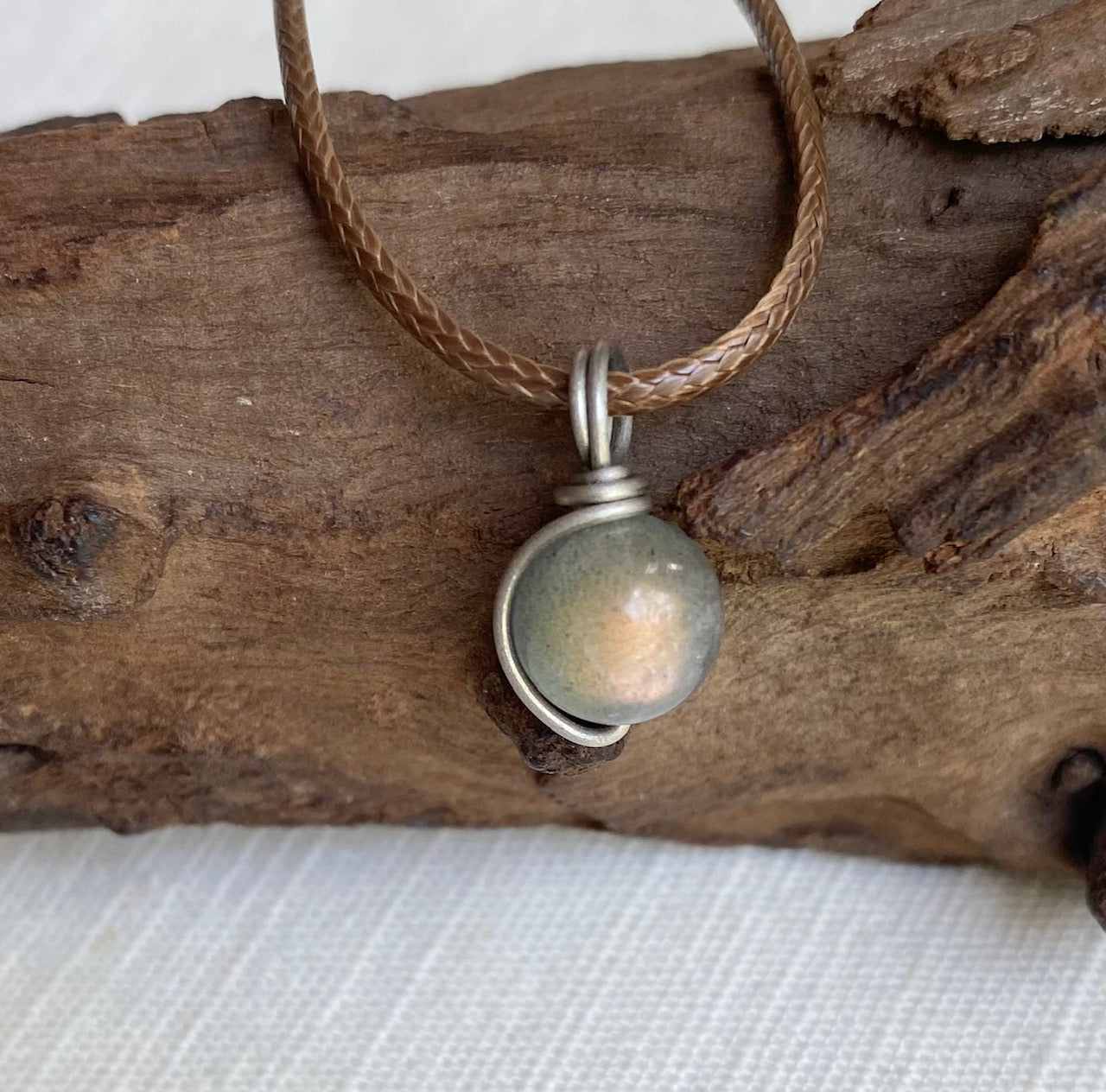 Titanium Wire Wrapped Labradorite Pendant Adjustable Brown Cord Necklace