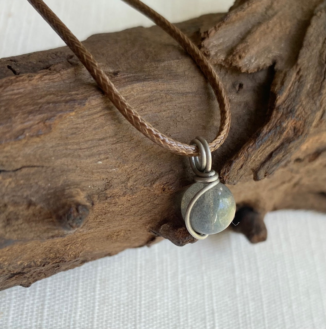 Titanium Wire Wrapped Labradorite Pendant Adjustable Brown Cord Necklace