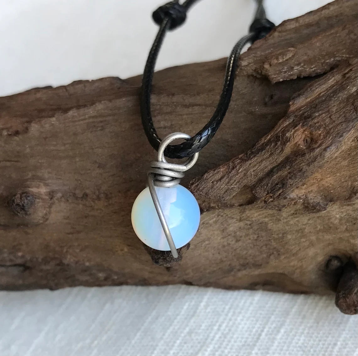 Titanium Wire Wrapped Opalite Pendant Adjustable Black Cord Necklace