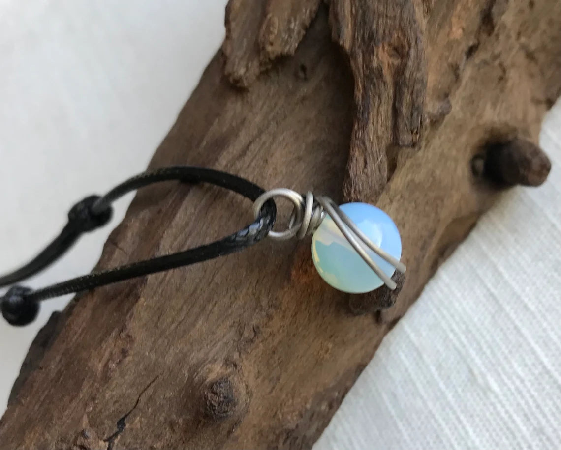 Titanium Wire Wrapped Opalite Pendant Adjustable Black Cord Necklace