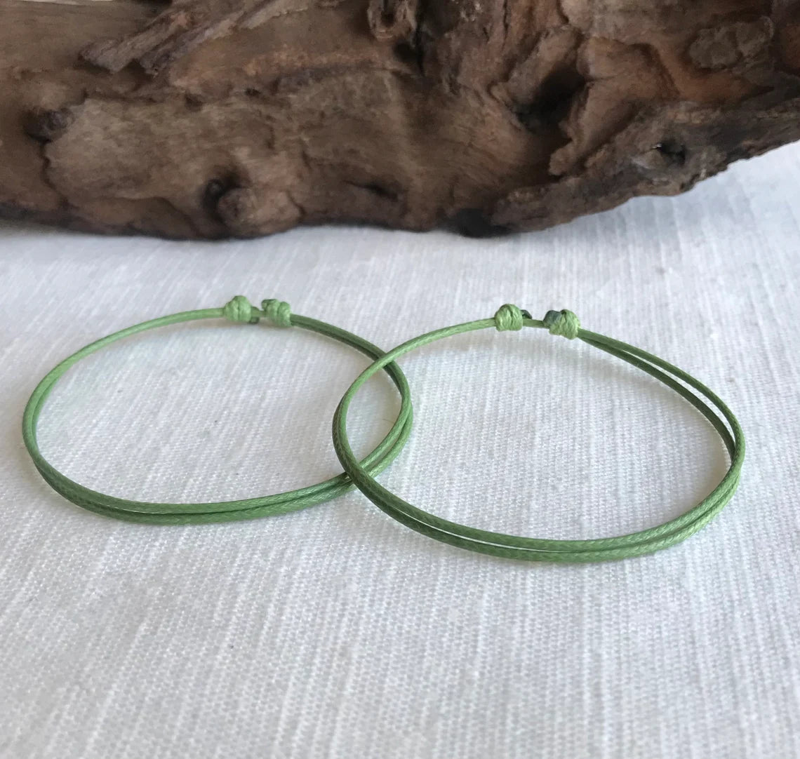 Avocado Green 1mm Water Resistant Waxed Cord Adjustable Bracelet or Anklet Set Unisex Friendship Couple's