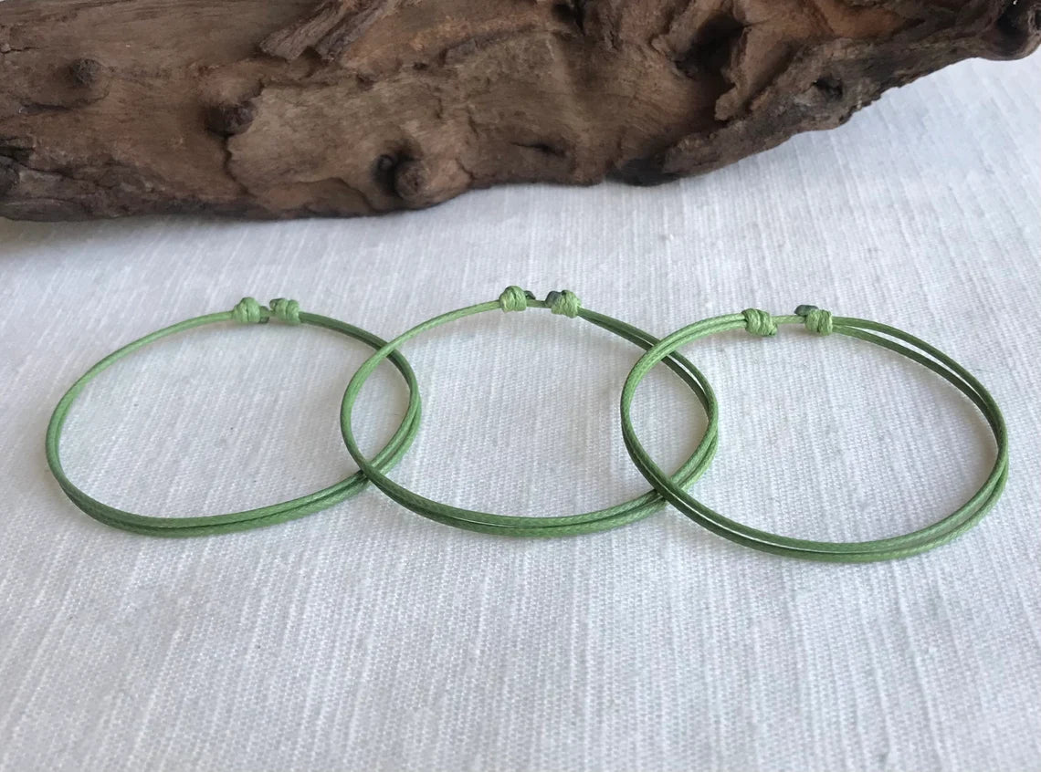 Avocado Green 1mm Water Resistant Waxed Cord Adjustable Bracelet or Anklet Set Unisex Friendship Couple's