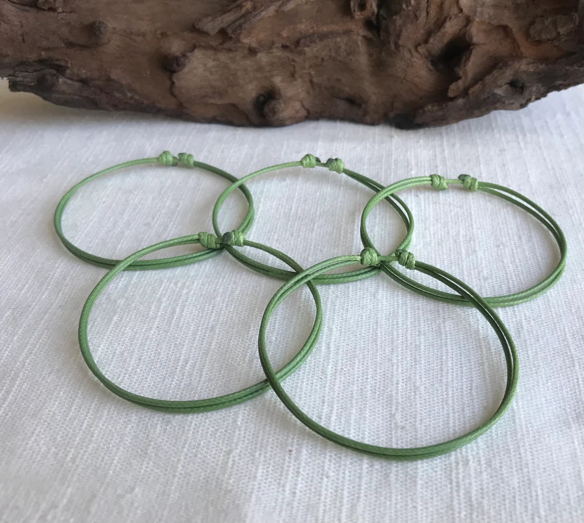 Avocado Green 1mm Water Resistant Waxed Cord Adjustable Bracelet or Anklet Set Unisex Friendship Couple's