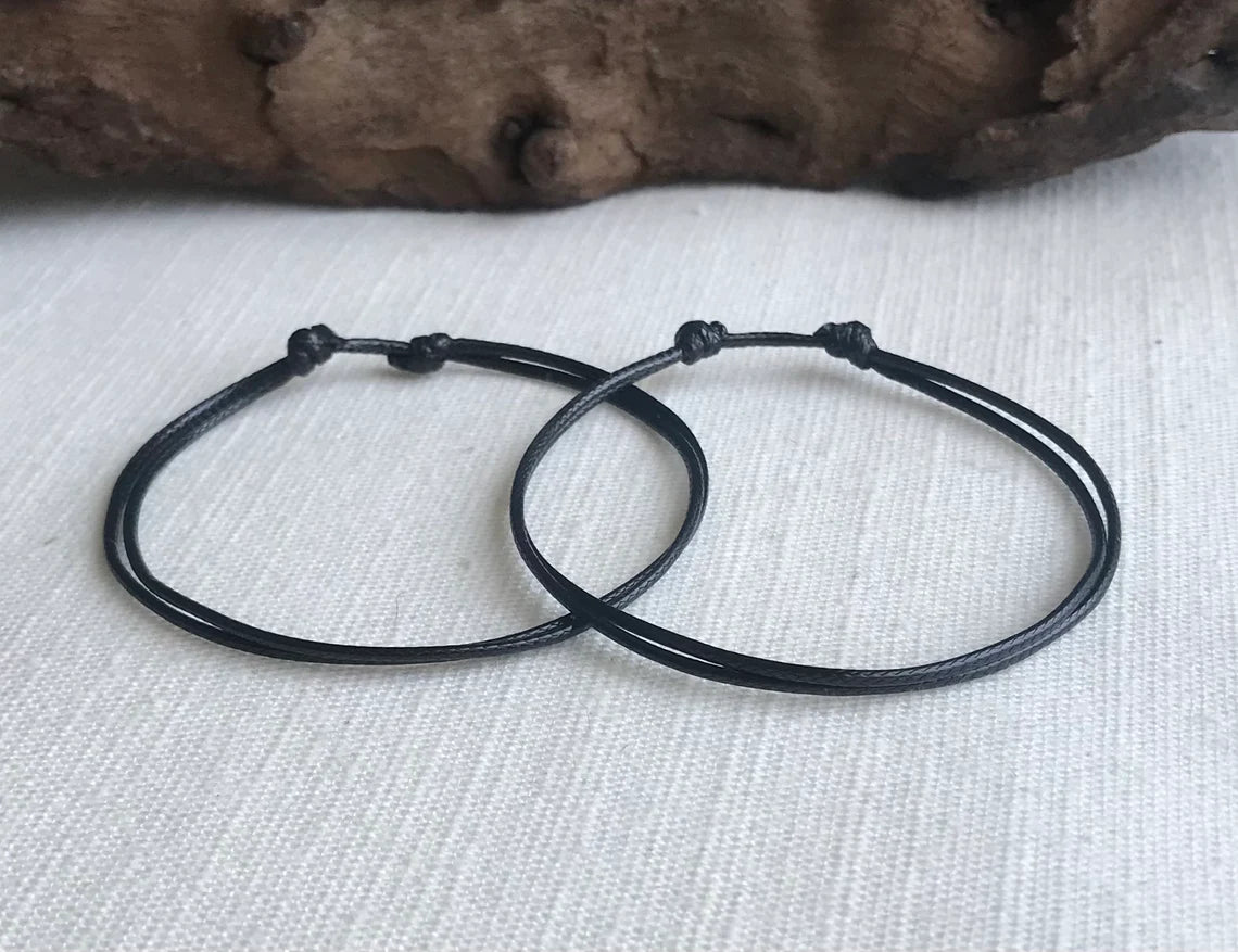 Black 1mm Water Resistant Waxed Cord Adjustable Bracelet or Anklet Set Unisex Friendship Couple's