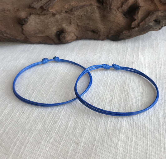 Blue 1mm Water Resistant Waxed Cord Adjustable Bracelet or Anklet Set Unisex Friendship Couple's