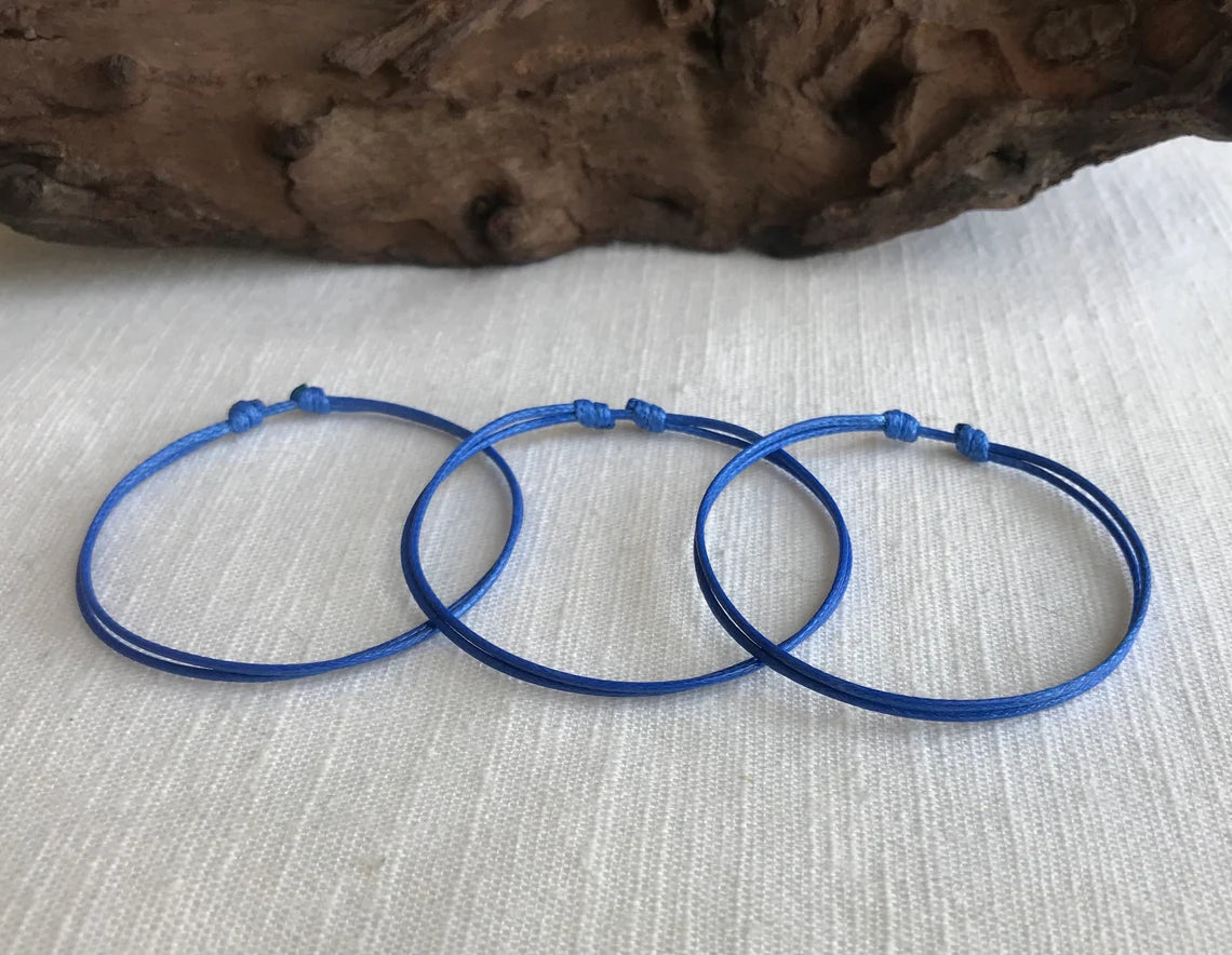 Blue 1mm Water Resistant Waxed Cord Adjustable Bracelet or Anklet Set Unisex Friendship Couple's