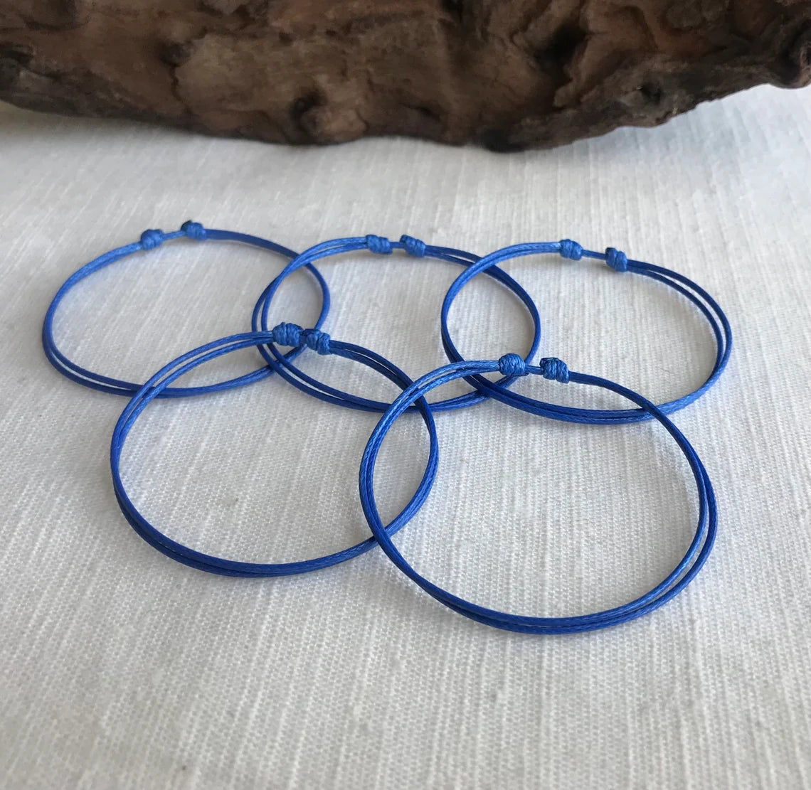 Blue 1mm Water Resistant Waxed Cord Adjustable Bracelet or Anklet Set Unisex Friendship Couple's