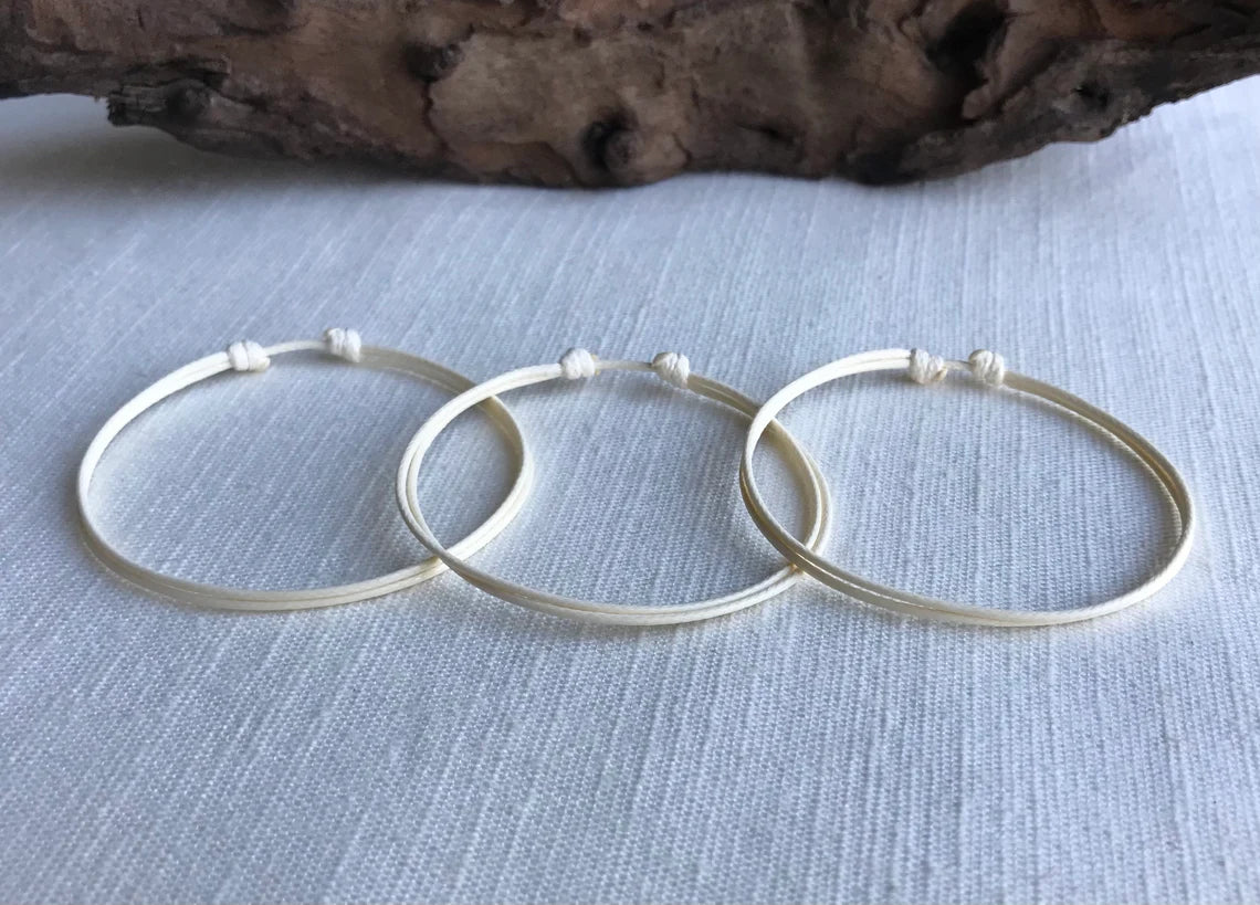 Cream 1mm Water Resistant Waxed Cord Adjustable Bracelet or Anklet Set Unisex Friendship Couple's