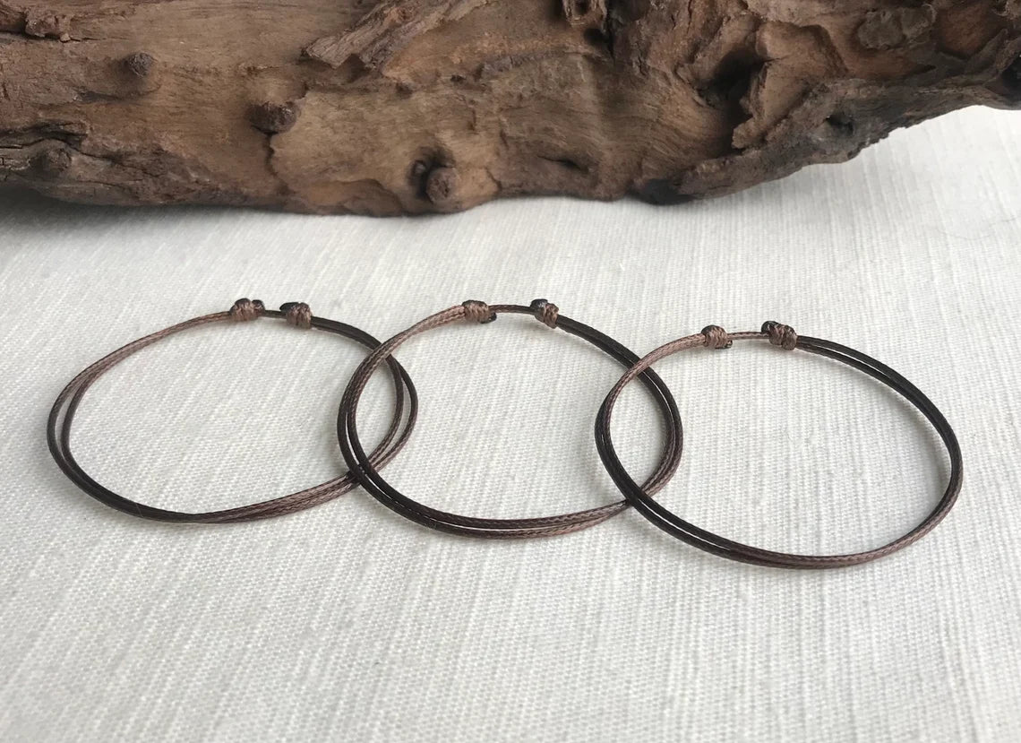 Dark Brown 1mm Water Resistant Waxed Cord Adjustable Bracelet or Anklet Set Unisex Friendship Couple's