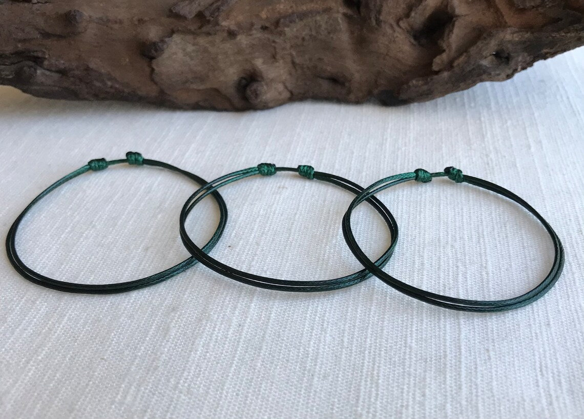 Dark Green 1mm Water Resistant Waxed Cord Adjustable Bracelet or Anklet Set Unisex Friendship Couple's