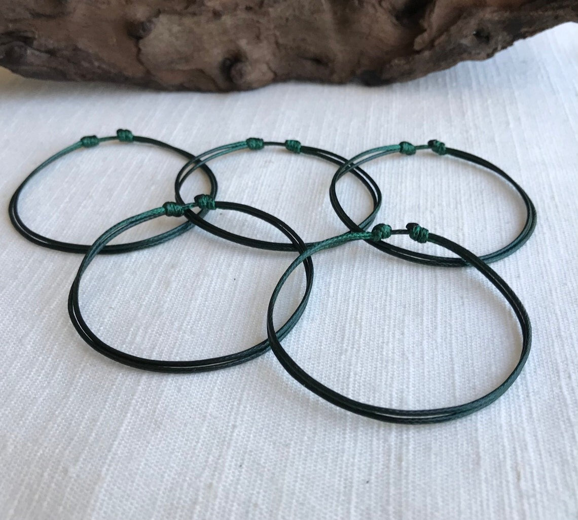 Dark Green 1mm Water Resistant Waxed Cord Adjustable Bracelet or Anklet Set Unisex Friendship Couple's