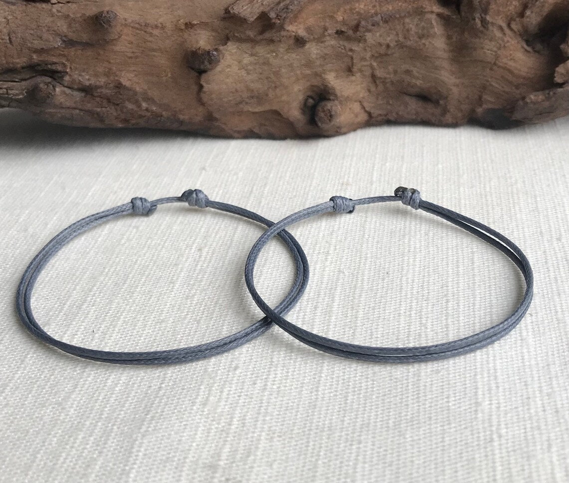 Gray 1mm Water Resistant Waxed Cord Adjustable Bracelet or Anklet Set Unisex Friendship Couple's