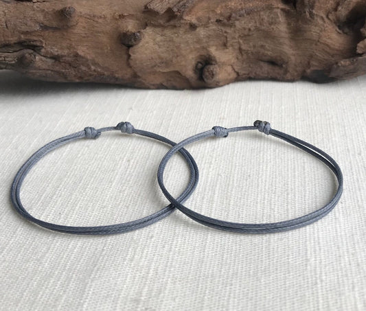 Gray 1mm Water Resistant Waxed Cord Adjustable Bracelet or Anklet Set Unisex Friendship Couple's