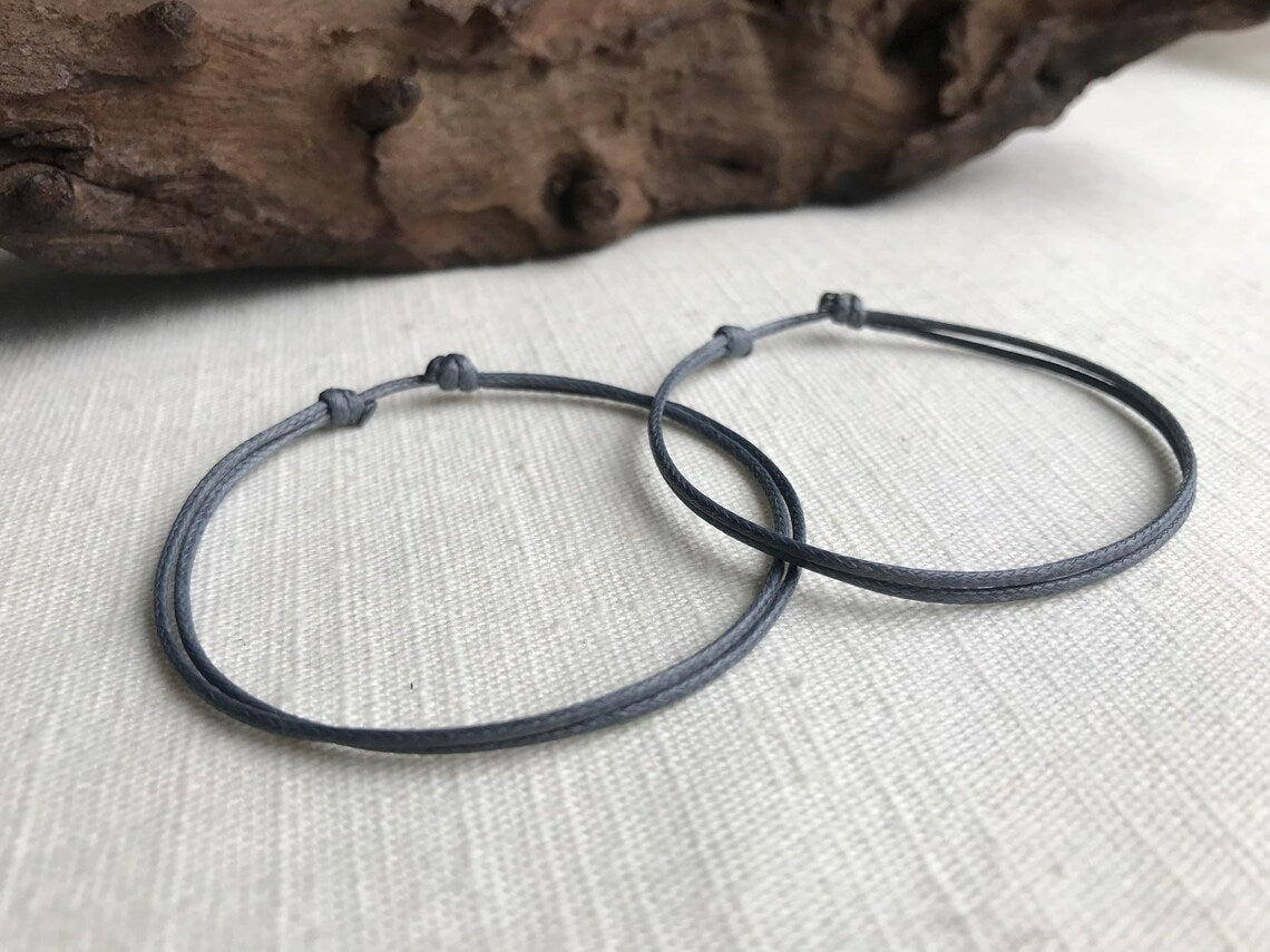 Gray 1mm Water Resistant Waxed Cord Adjustable Bracelet or Anklet Set Unisex Friendship Couple's