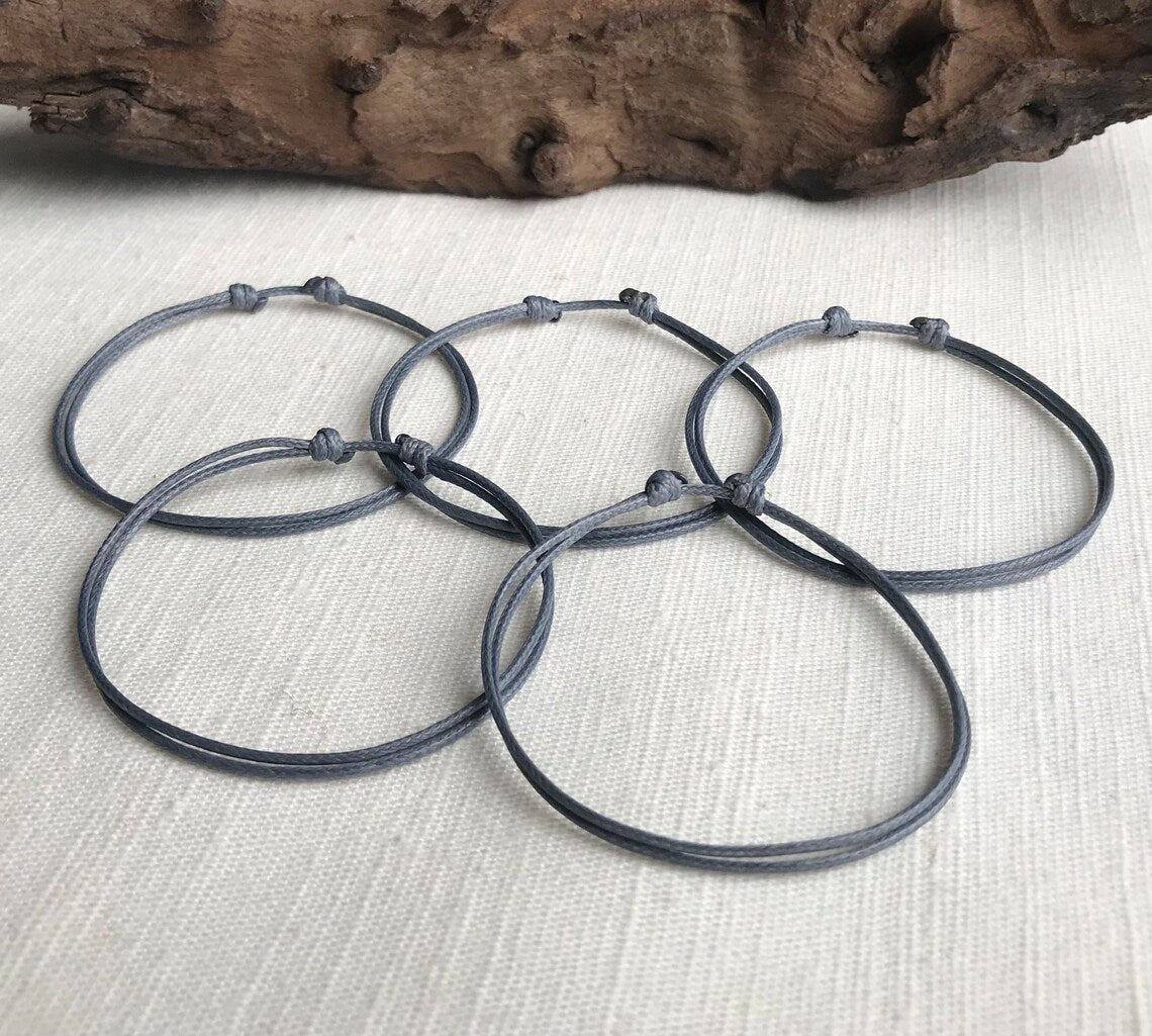 Gray 1mm Water Resistant Waxed Cord Adjustable Bracelet or Anklet Set Unisex Friendship Couple's