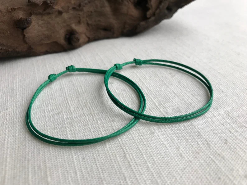 Kelly Green 1mm Water Resistant Waxed Cord Adjustable Bracelet or Anklet Set Unisex Friendship Couple's