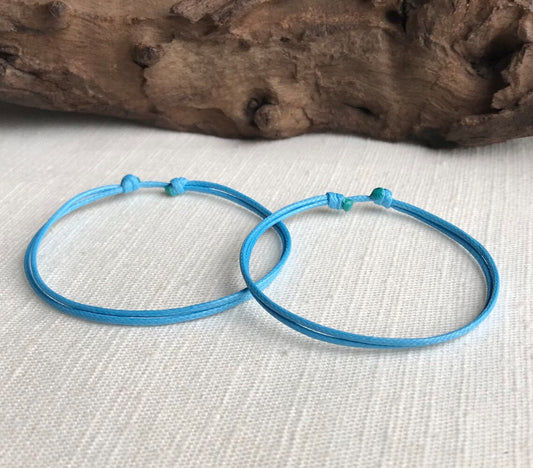 Light Blue 1mm Water Resistant Waxed Cord Adjustable Bracelet or Anklet Set Unisex Friendship Couple's