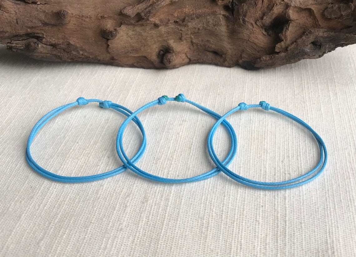 Light Blue 1mm Water Resistant Waxed Cord Adjustable Bracelet or Anklet Set Unisex Friendship Couple's