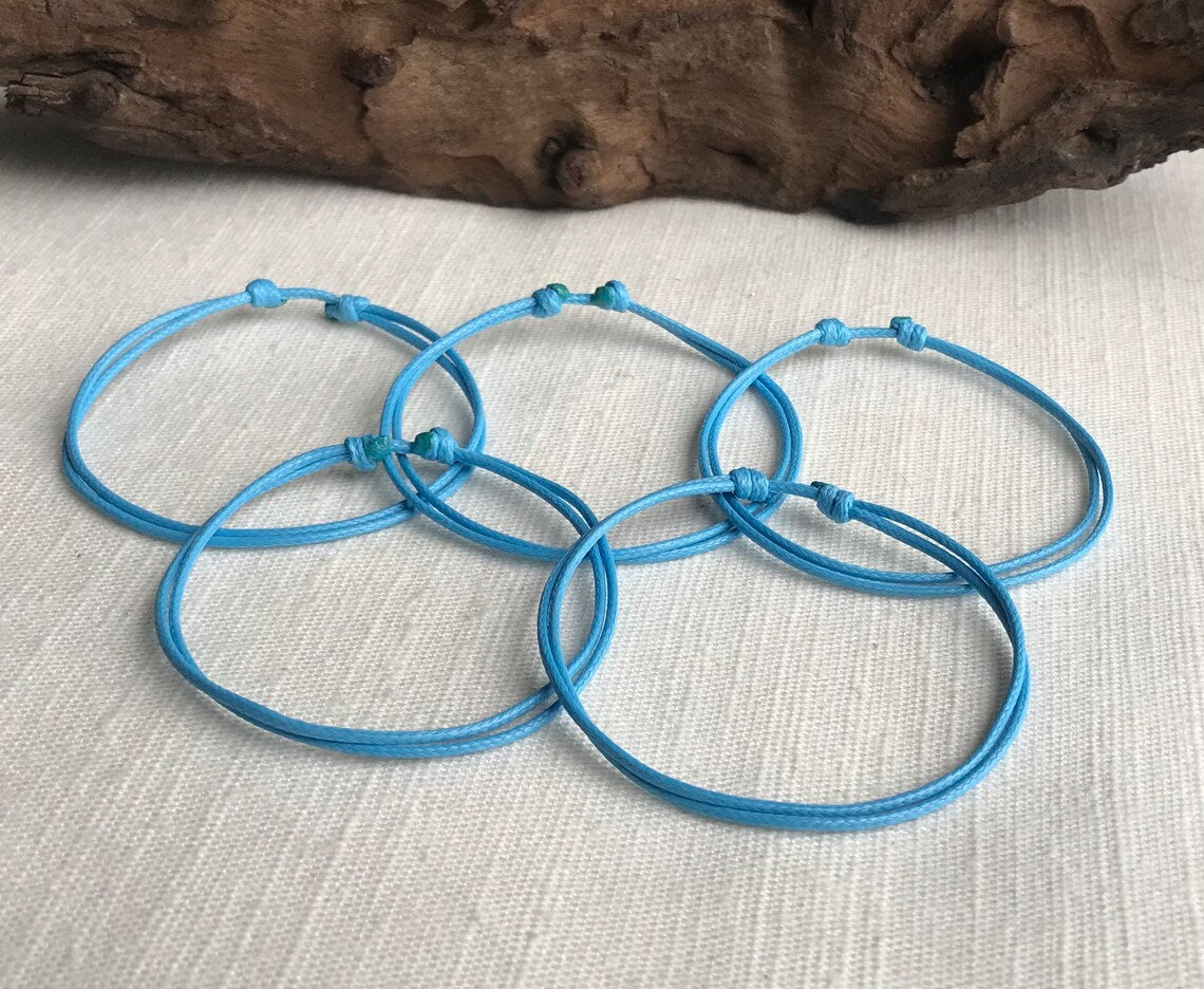 Light Blue 1mm Water Resistant Waxed Cord Adjustable Bracelet or Anklet Set Unisex Friendship Couple's