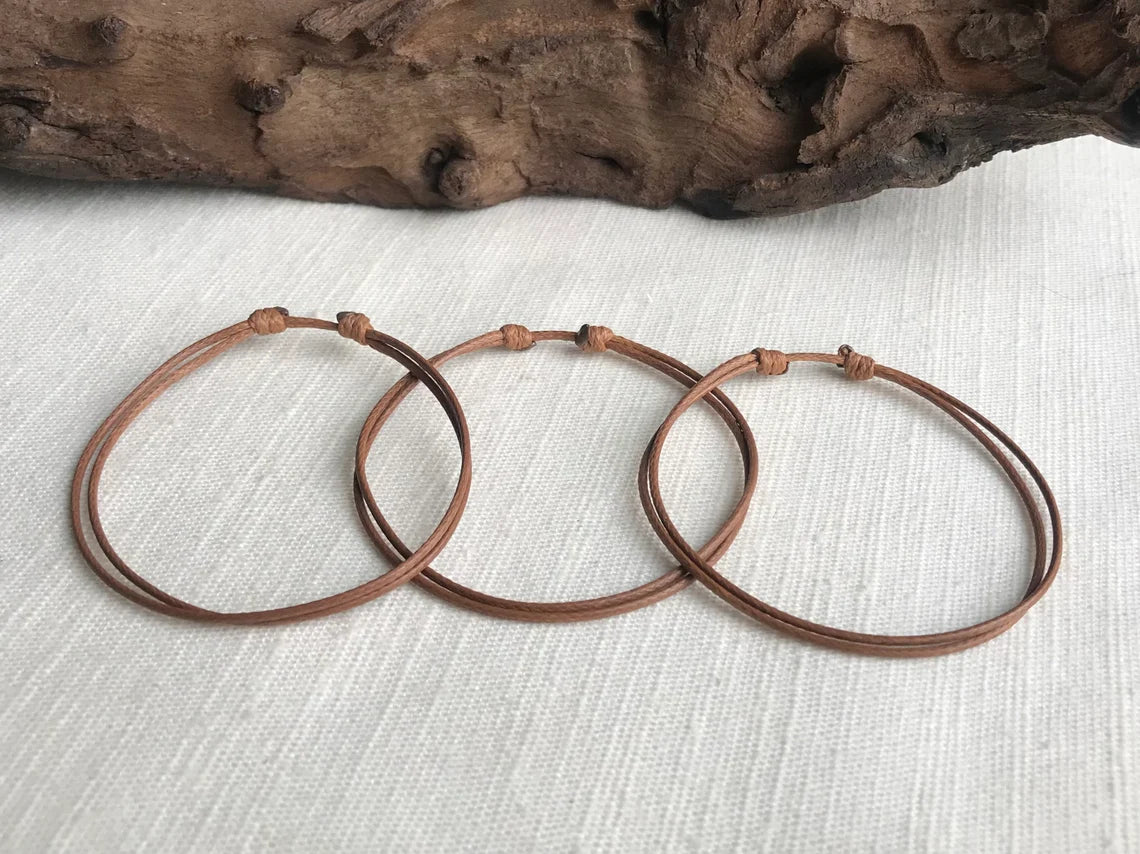 Medium Brown 1mm Water Resistant Waxed Cord Adjustable Bracelet or Anklet Set Unisex Friendship Couple's