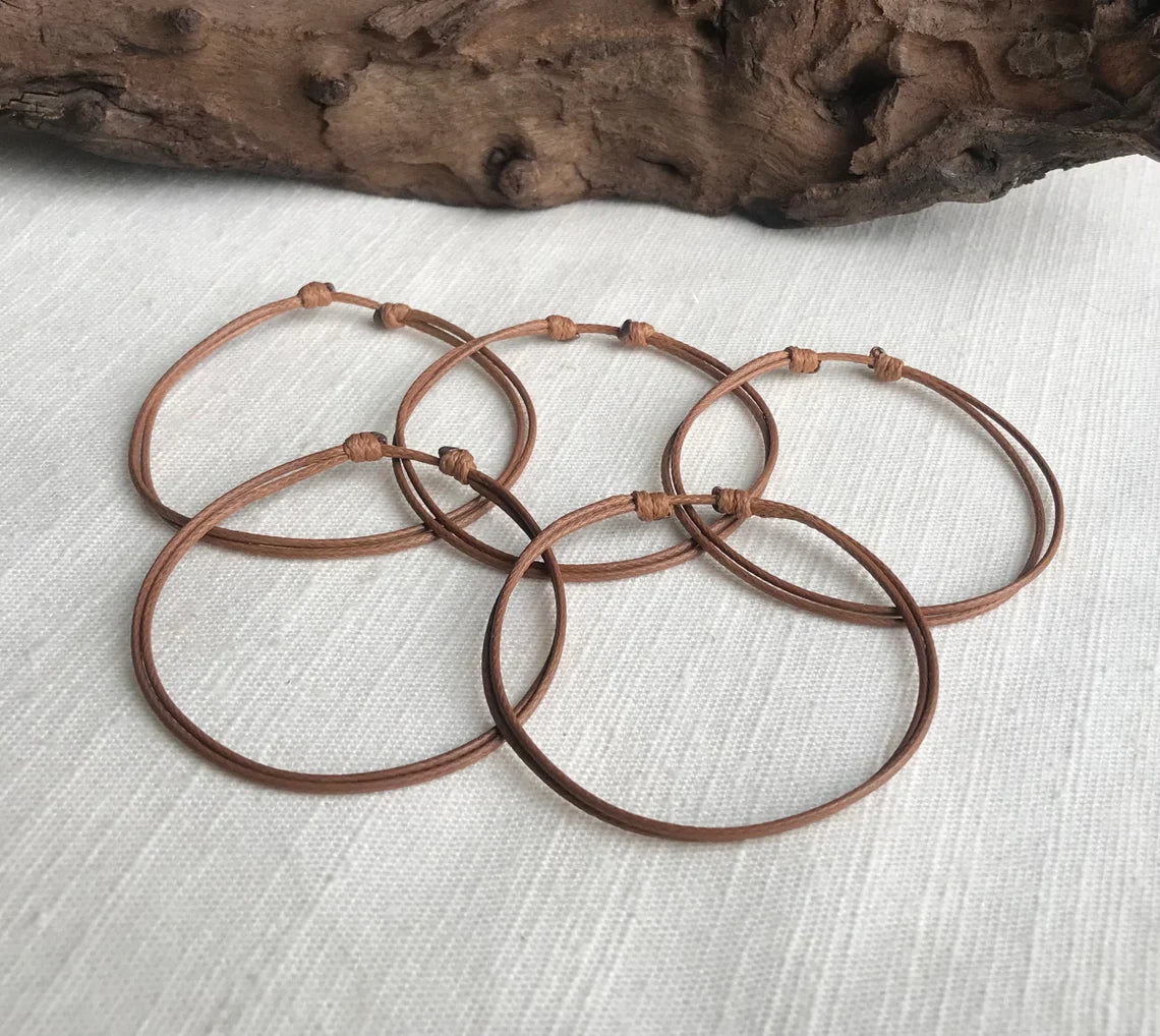 Medium Brown 1mm Water Resistant Waxed Cord Adjustable Bracelet or Anklet Set Unisex Friendship Couple's