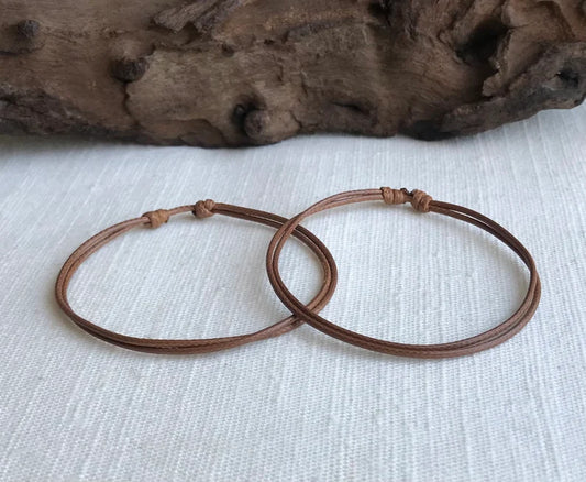 Medium Brown 1mm Water Resistant Waxed Cord Adjustable Bracelet or Anklet Set Unisex Friendship Couple's