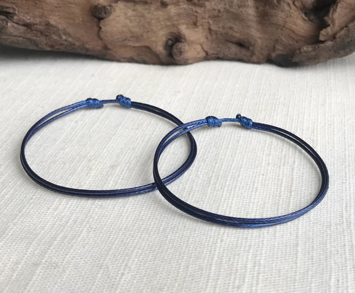 Navy Blue 1mm Water Resistant Waxed Cord Adjustable Bracelet or Anklet Set Unisex Friendship Couple's