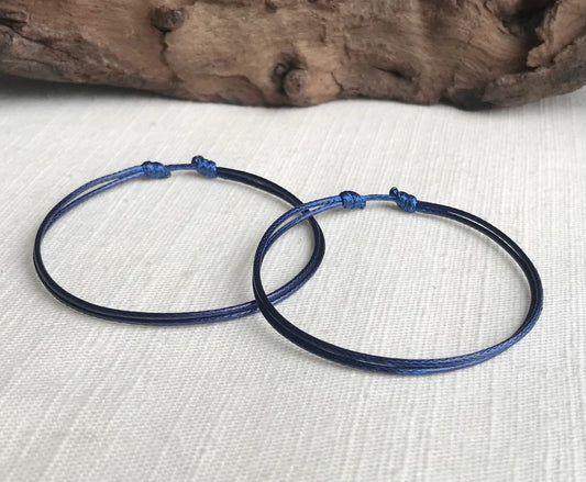 Navy Blue 1mm Water Resistant Waxed Cord Adjustable Bracelet or Anklet Set Unisex Friendship Couple's