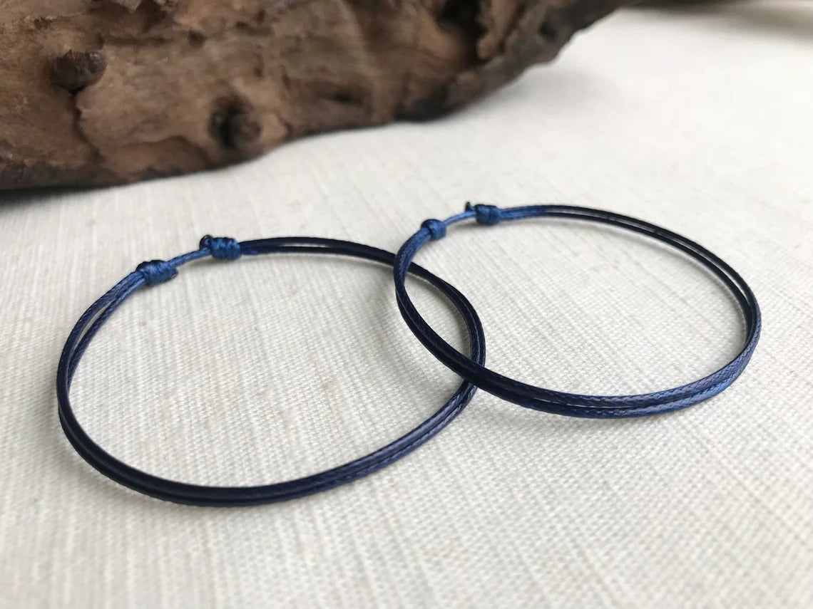 Navy Blue 1mm Water Resistant Waxed Cord Adjustable Bracelet or Anklet Set Unisex Friendship Couple's