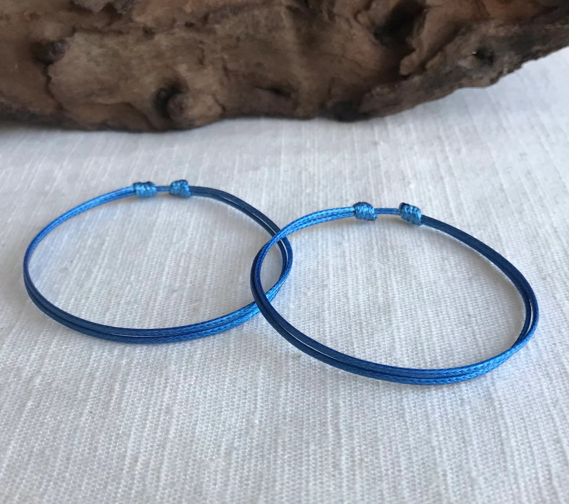 Ocean Blue 1mm Water Resistant Waxed Cord Adjustable Bracelet or Anklet Set Unisex Friendship Couple's