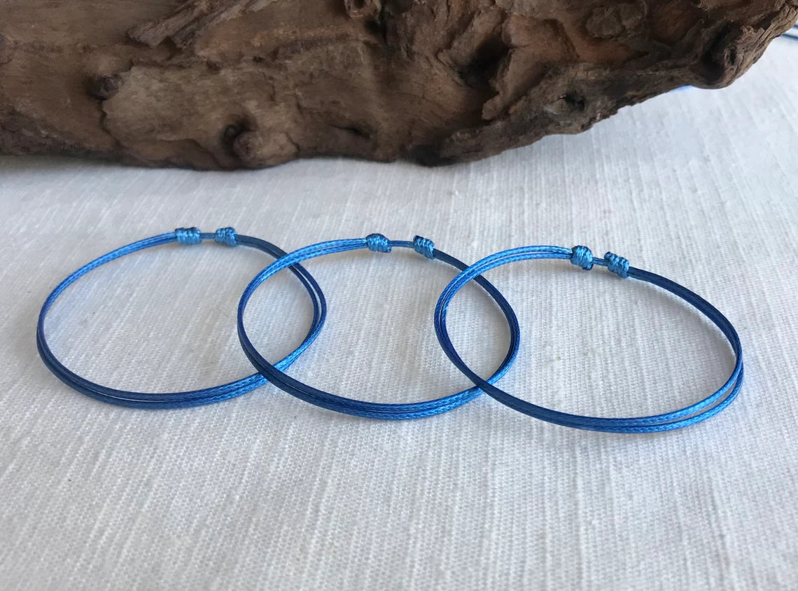 Ocean Blue 1mm Water Resistant Waxed Cord Adjustable Bracelet or Anklet Set Unisex Friendship Couple's